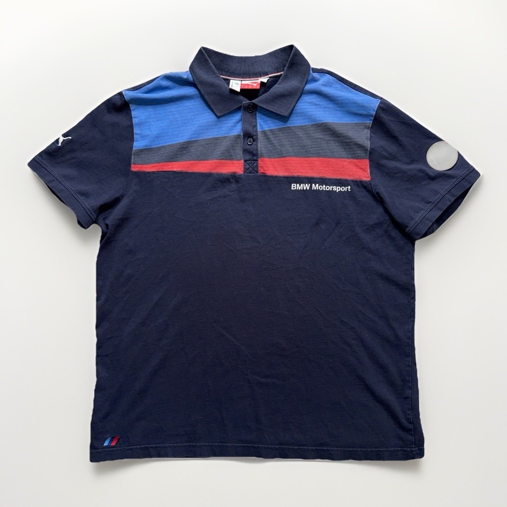 BMW Motorsport Puma Polo Shirt Mens XL Blue Stripe Cotton Golf Casual Preppy